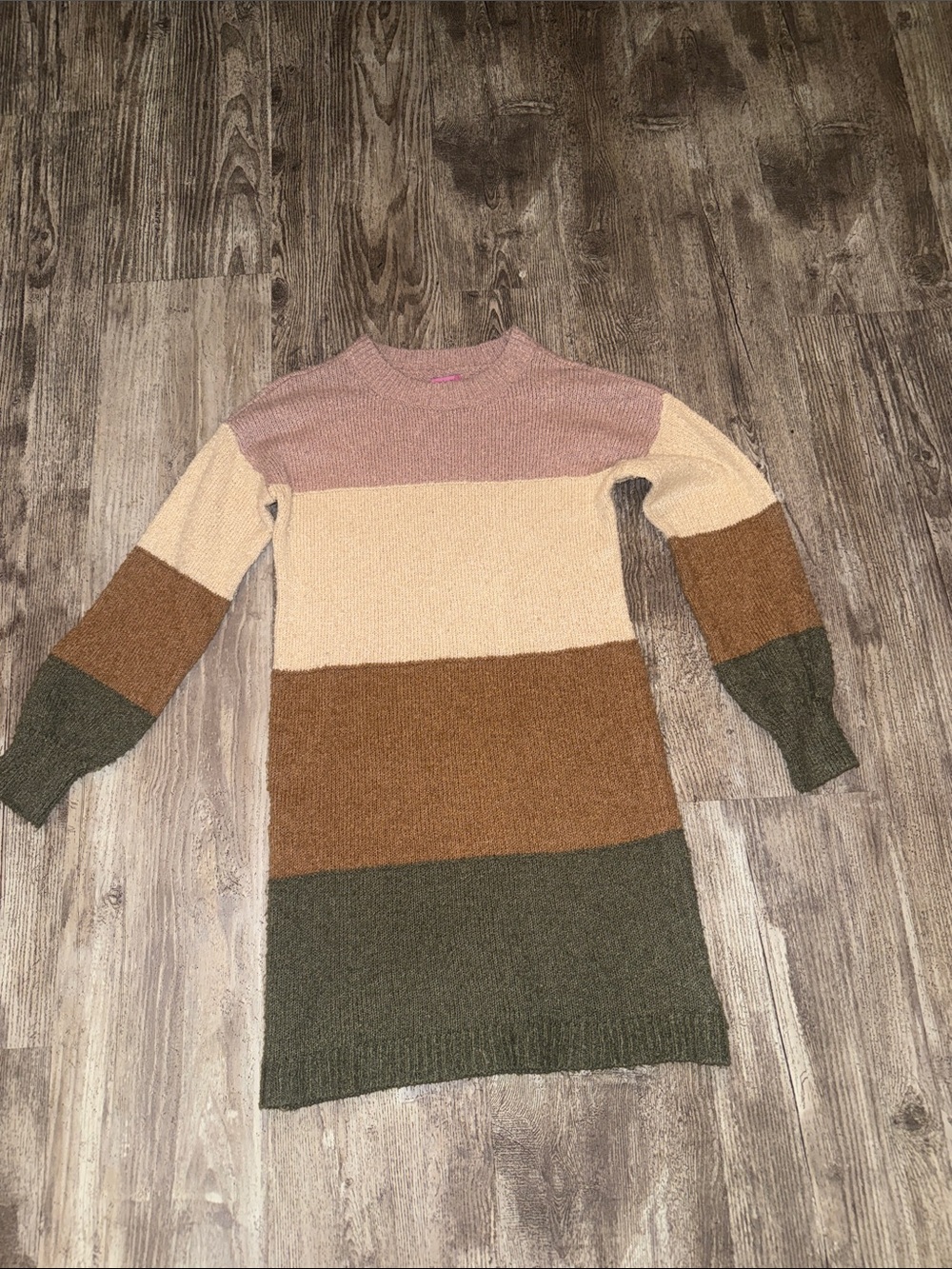 miami Striped Crewneck Sweater Dress in Pink, Cream, Brown & Olive